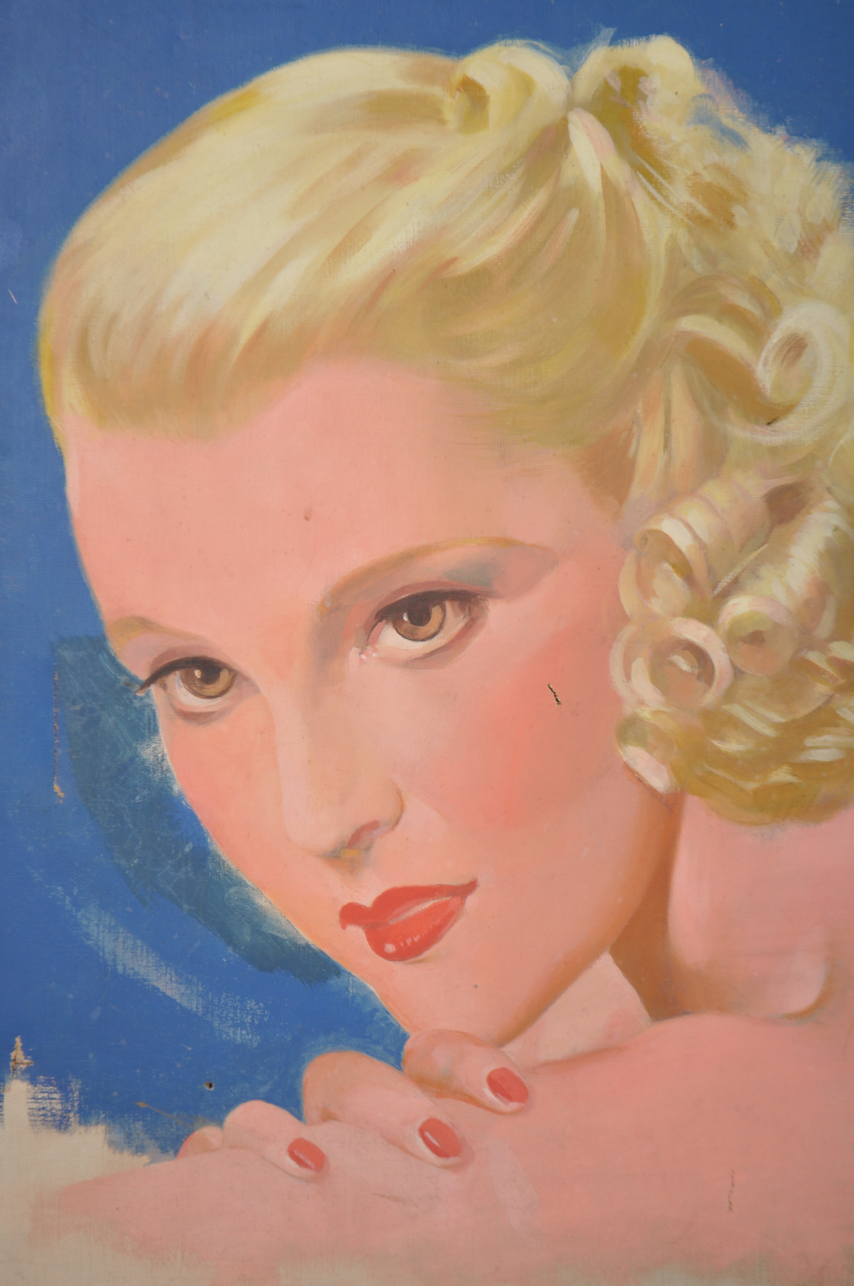 A good mid century 1940's oil on canvas portrait study painting of a glamour girl. Unframed and - Image 2 of 3