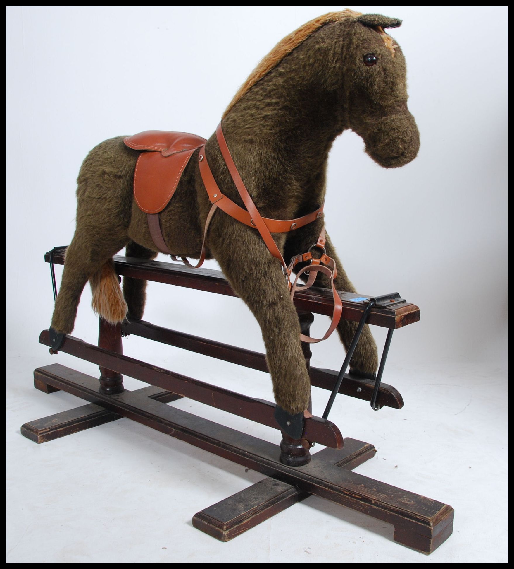 A 20th century Hadden style trestle rocking horse raised on a pine glider the body of the horse - Image 5 of 6