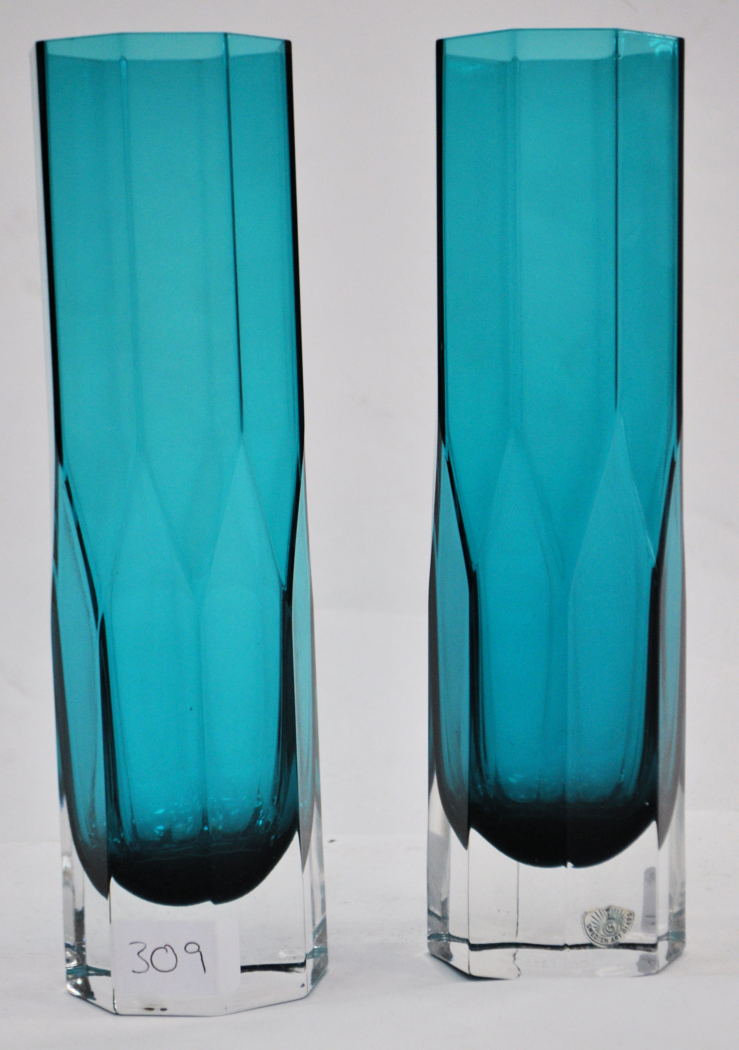 A pair of mid century Swedish- Scandi art glass vases of Octagonal tall form in blue glass with