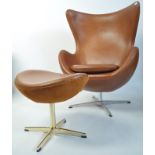 A fabulous Arne Jacobsen for Fritz Hansen style tan brown leather upholstered Egg chair - armchair