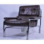 A pair of original 20th century / 1970's Pieff ' Alpha '  armchairs by Tim Bates. The large brown