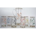 A hand painted vintage 1950's glass lemonade Pimms set comprising a gilt trimmed jug and six