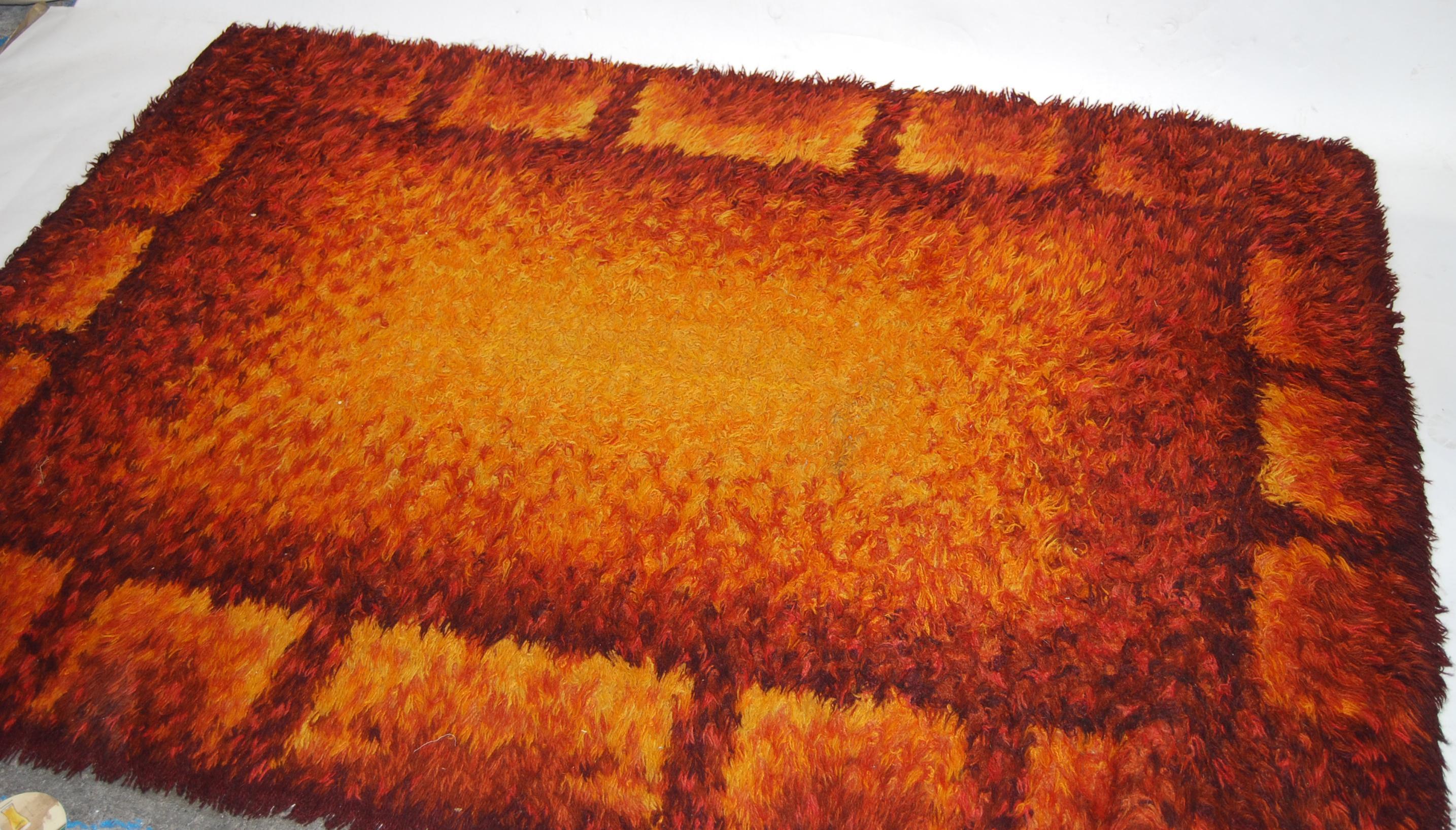 A large Nordic Rya Rug in Sunburst colours with geometric pattern, 1960's woolen shag / long pile