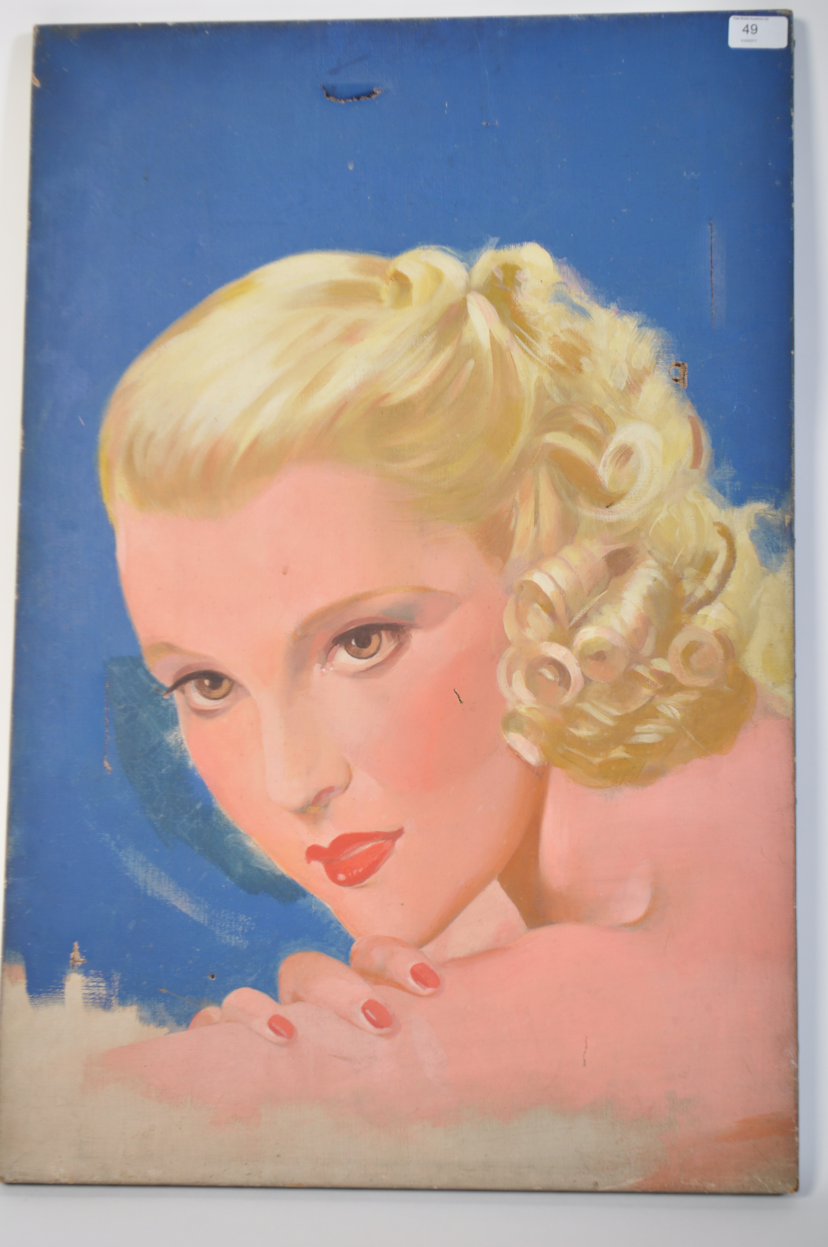 A good mid century 1940's oil on canvas portrait study painting of a glamour girl. Unframed and - Image 3 of 3