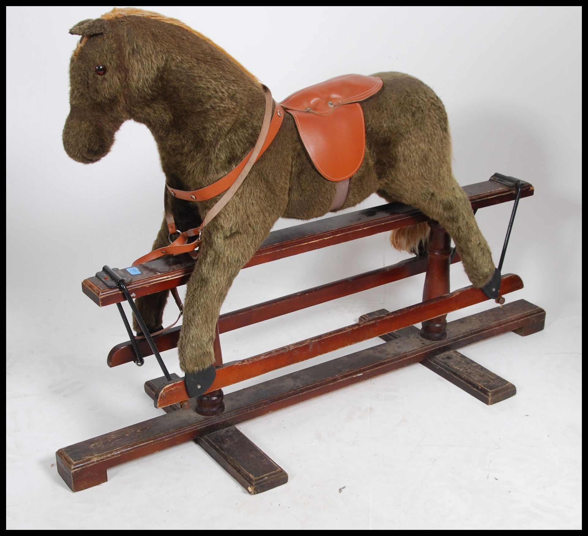 A 20th century Hadden style trestle rocking horse raised on a pine glider the body of the horse - Image 2 of 6