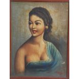 A 1950's retro print of a maiden likely of Malaysian origin bearing illegible signature to the
