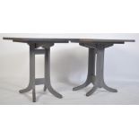 A pair of unusual Parker knoll teak wood pedestal cafe table / tables being upcycled with grey