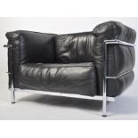 A good late 20th century large Le Corbusier LC2 moderrnist black leather club armchair having a good