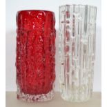 2 mid century studio art glass vases one possibly Whitefriars in red colourway together with another