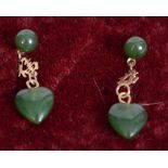 A pair of 9ct gold and jade Chinese drop earrings