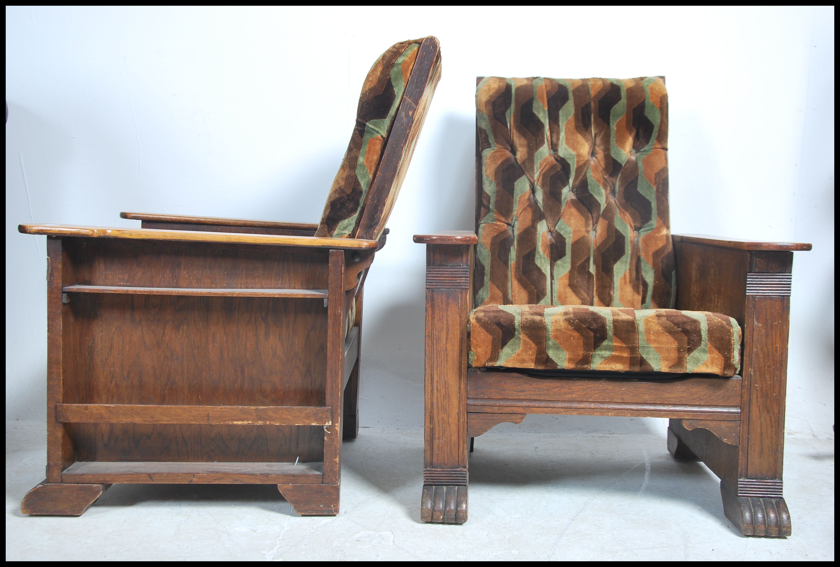 A pair of 1930's Art Deco oak reclining armchairs. - Image 4 of 6