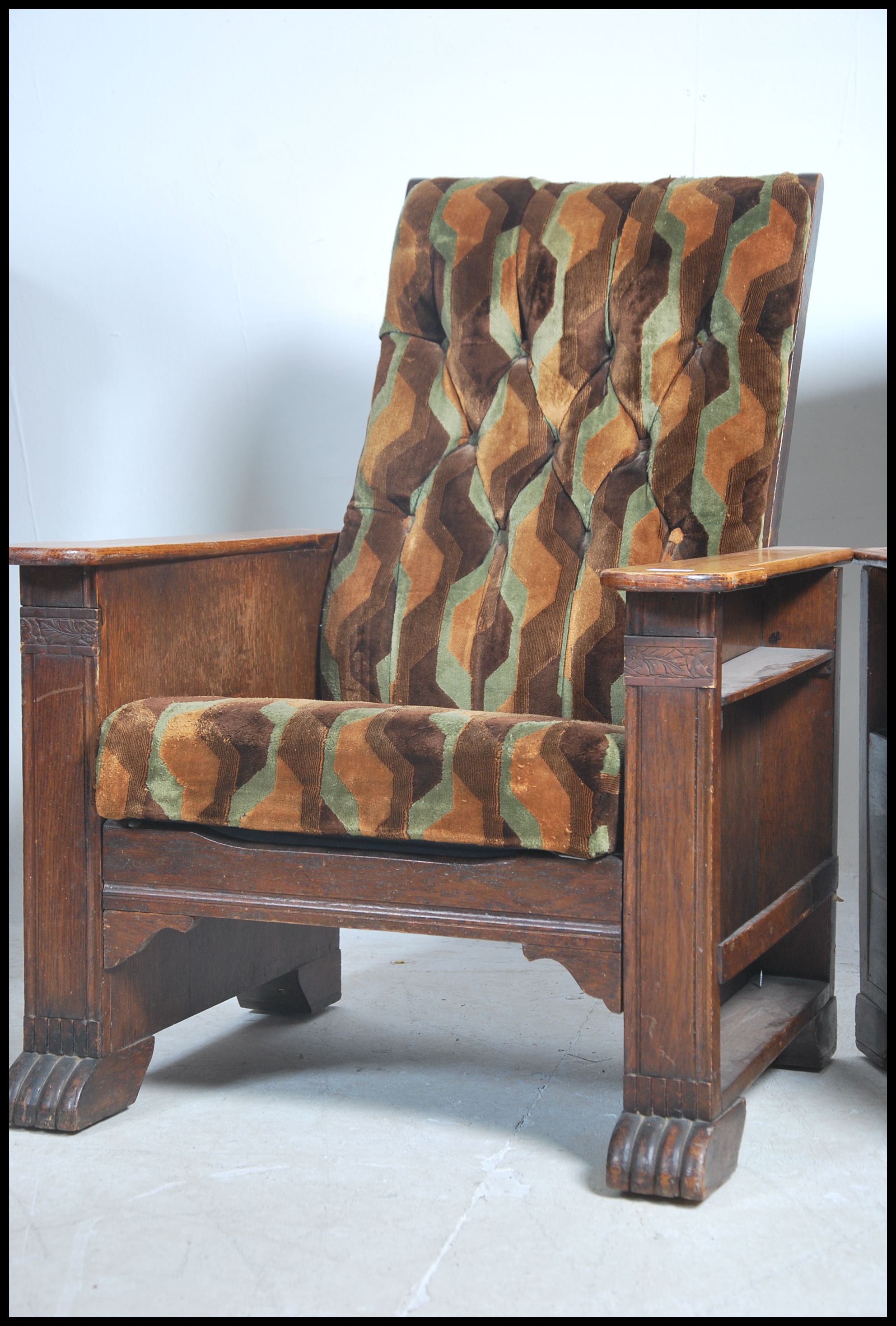 A pair of 1930's Art Deco oak reclining armchairs. - Image 2 of 6