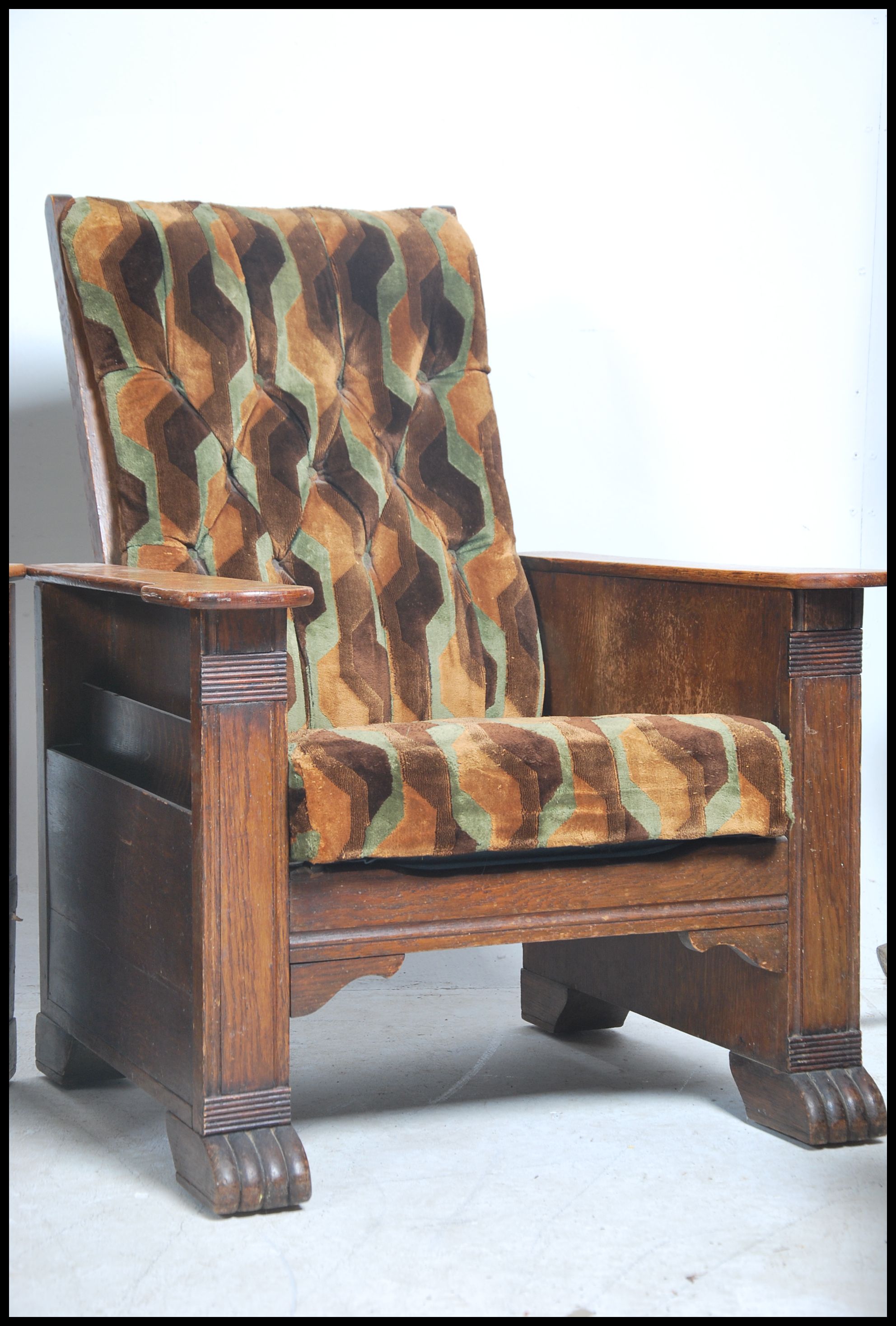 A pair of 1930's Art Deco oak reclining armchairs. - Image 3 of 6