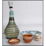 A good group of vintage 20th century studio art pottery to include a Rumney of Wales pottery lamp