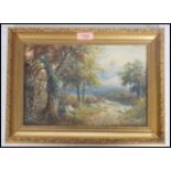 A 19th century oil on panel impressionist painting of a boy and dog beneath tree near wooded track