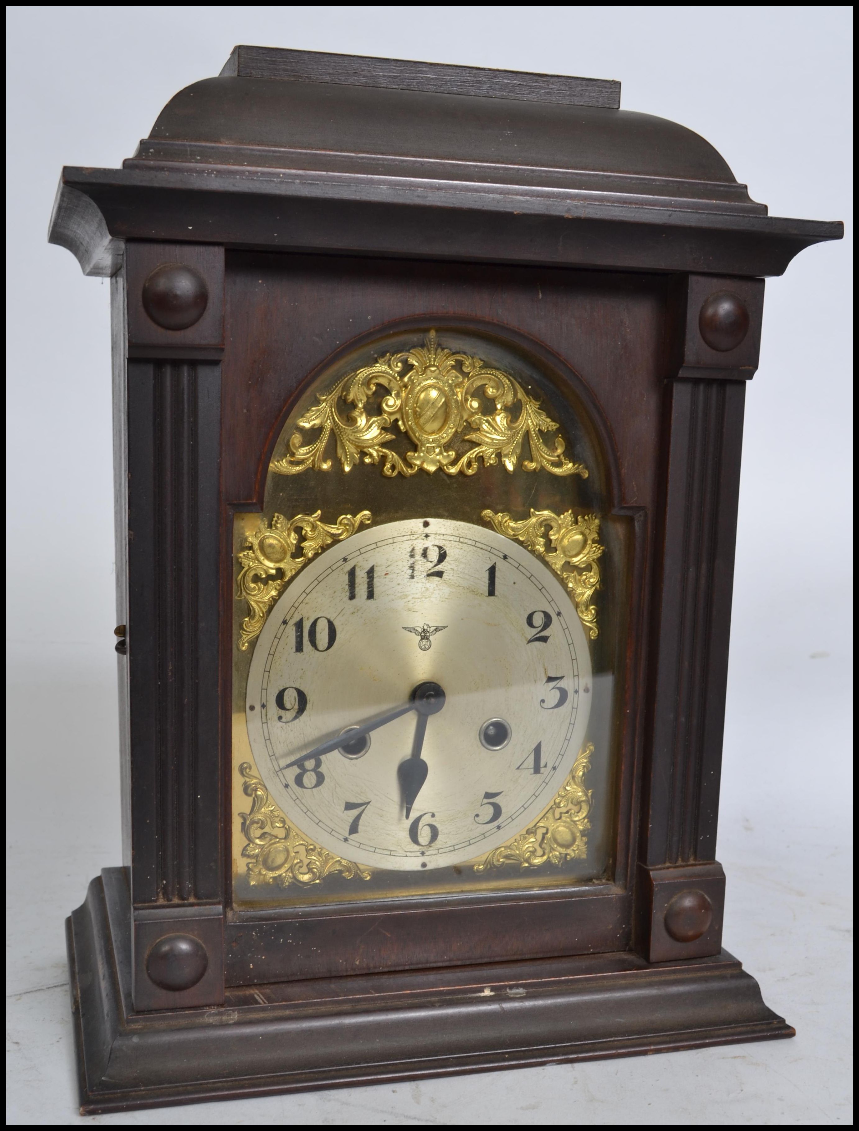 An early 20th century Edwardian English cased bracket clock having a German FMS 8 day movement