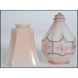 2 1930's Art Deco glass table lamp shades, each of bell form with decorative red and white ripple