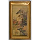 A vintage 20th century oil on canvas painting of a river scene depicting a man collecting reeds