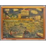 A framed retro 20th century 1960's naive abstract oil on board painting harbour scene study possibly