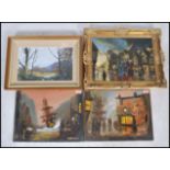 A collection of 4 vintage oil on canvas paintings to include a horse and carriage street scene