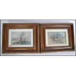 A pair of framed and glazed oil on board paintings of tall ships at full mast on open water housed