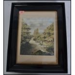 A framed and glazed 19th century painting of a river scene depicting trees and people set in an