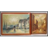 Two vintage 20th century oil on canvas paintings of continental street scenes signed by artists C