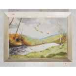 Sw Nelson 1964. A mid century oil on canvas of wildfowl over river being signed to the corner and in