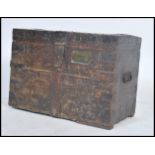 A vintage late 19th century Victorian metal bound large blanket box / silver chest of ebonised