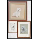 A group of artwork of white Scottie dogs two include pastels on paper being signed, pencil sketch