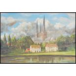 A large 20th century painting on board depicting a village scene with church and spire behind