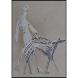 A silver Art Deco style brooch in  the form of a lady walking her dog having pin to verso. Stamped