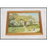 E Blundell; A 20th century oil on board framed and glazed naive painting depicting cottages and
