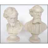 A Parian ware portrait study bust on socle plinth of Dickens together with another classical bust on