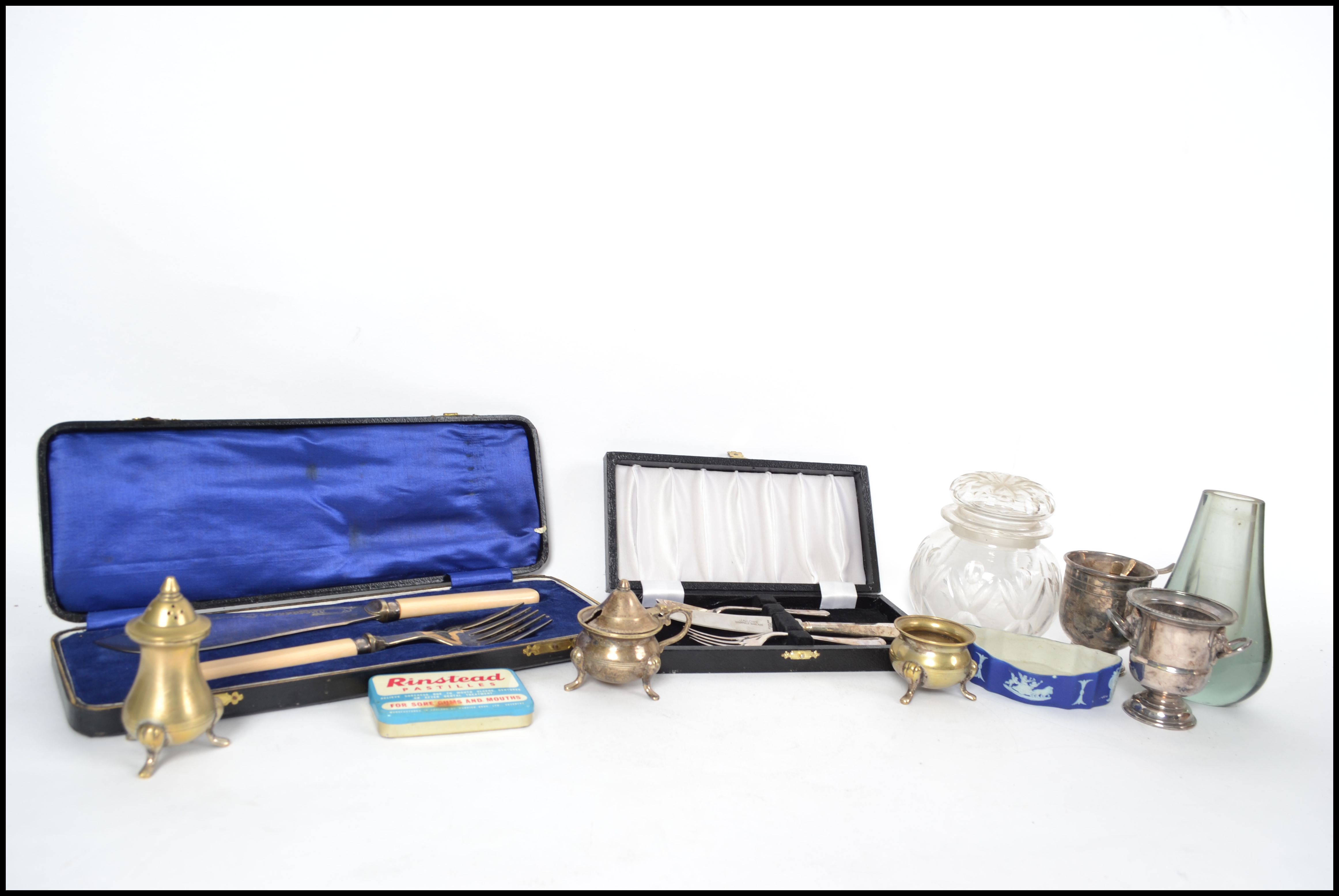 A collection of silver plate wares to include case