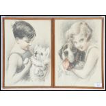 A pair of framed and glazed pastel pictures, both pictures of children with dogs one being a St