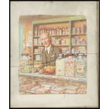 A framed and glazed vintage 20th century water colour painting picture titled ' Shop Pantry '