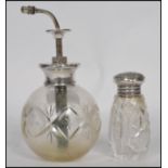 A hallmarked silver and cut glass perfumer bottle atomiser of spherical form along with a silver