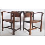 A pair of  bentwood oak art deco dining chairs having full grain brown  leather upholstered seats