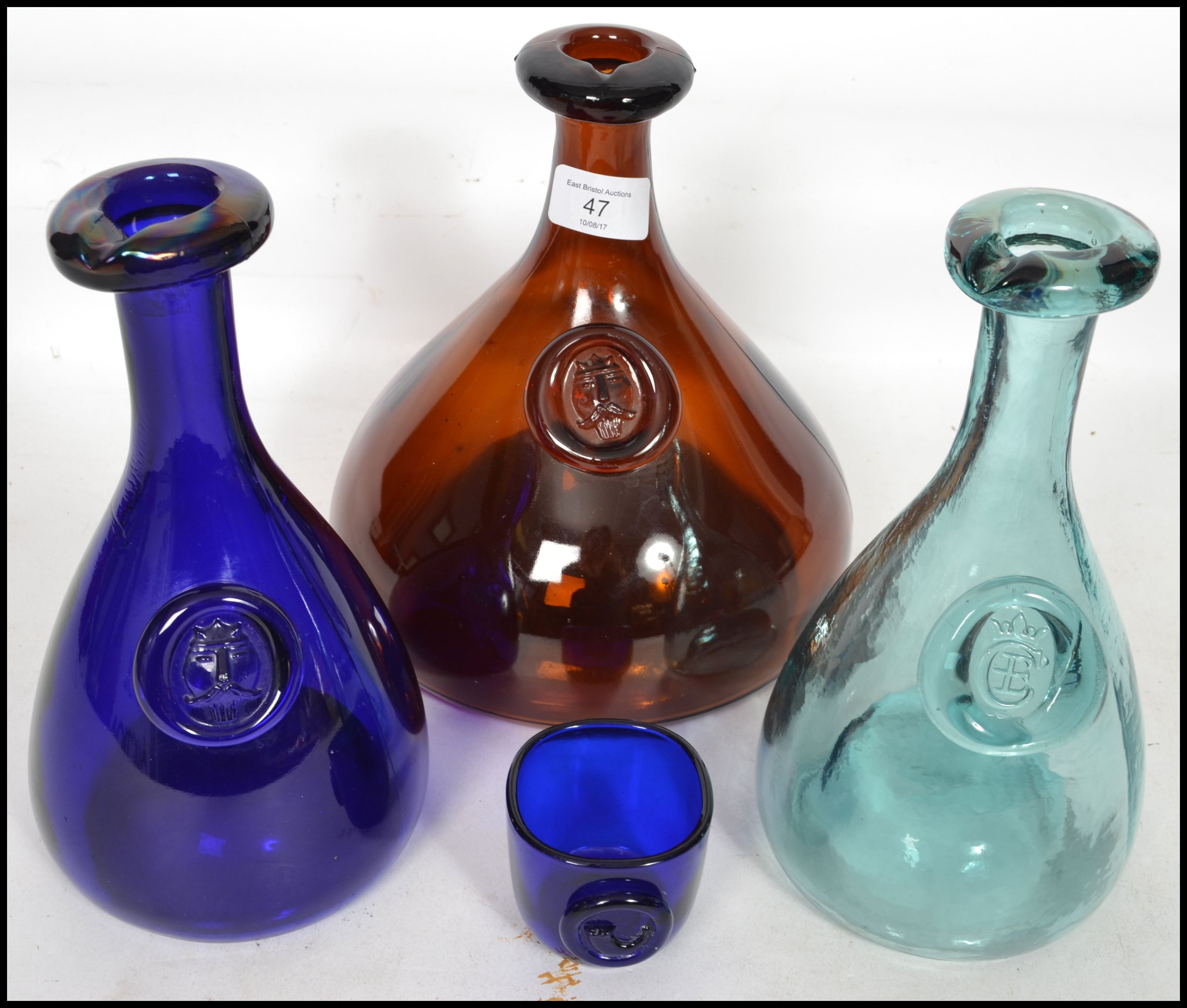 A collection of three retro 20th century studio glass Ole Winther 1960's blue and green decanters - Image 10 of 10