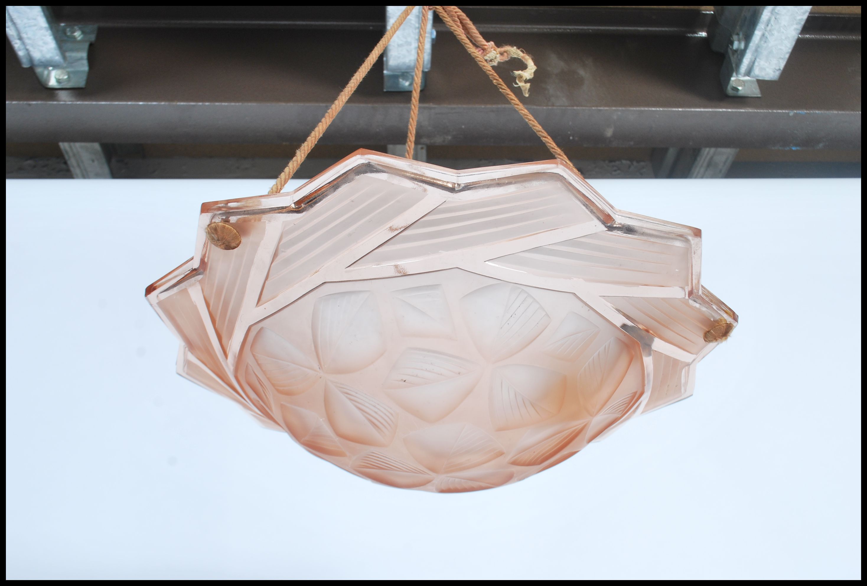 A 1930's French Art Deco pressed glass light shade, the shallow dish form shade decorated with a - Image 3 of 6