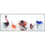 A collection of six vintage / retro mid century studio Murano glass animal sculptures to include