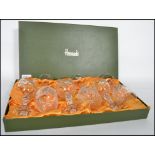 For Harrods of Knightsbridge, a set of 6 lead cut crystal sherry / wine glasses raised on a
