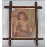 A study of a maiden holding a monkey eating fruit set on a good arts and crafts oak frame.
