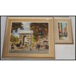 A large mid 20th century oil on canvas painting of a Parisian street scene with the Arc de