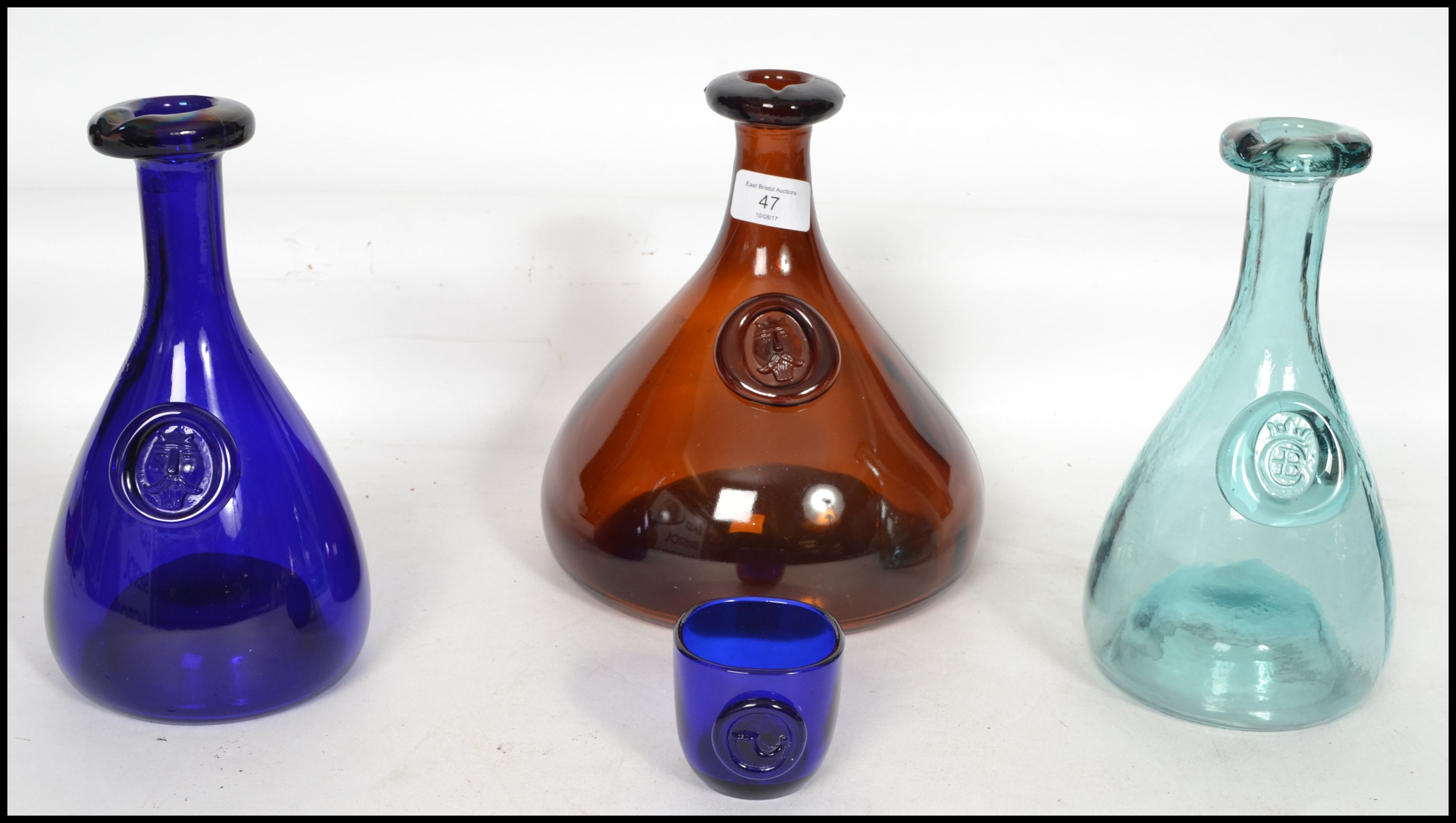 A collection of three retro 20th century studio glass Ole Winther 1960's blue and green decanters - Image 2 of 10