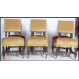 A set of 6 Victorian barley twist chairs upholstered in yeloow and burgundy velour overstuffed seats