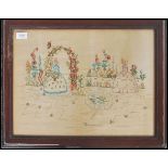 A 19th century Victorian framed and glazed embroidery - tapestry sampler depicting ladies in a