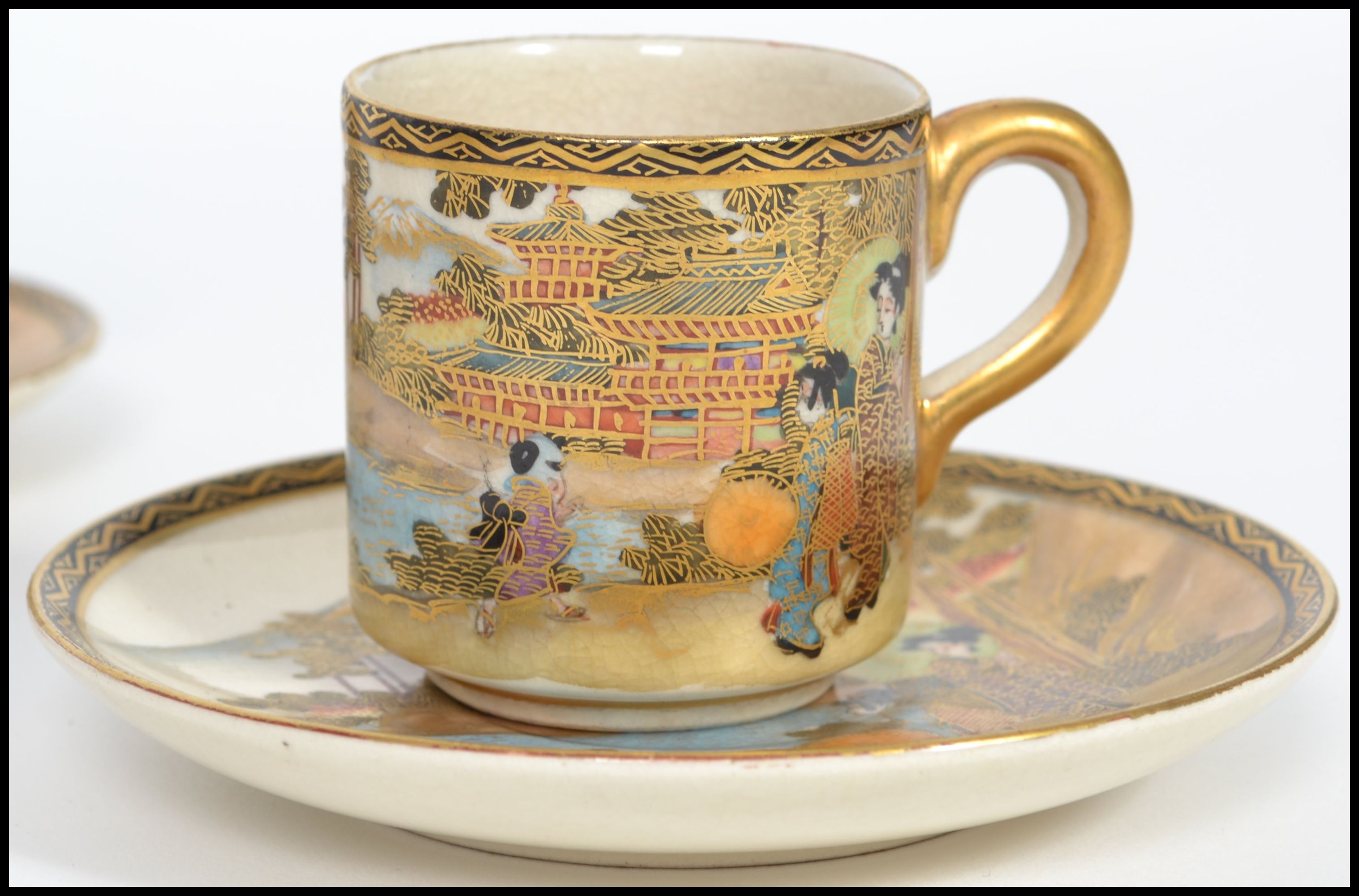 A matching set of four 19th century Oriental Meiji period Japanese Satsuma coffee cups / cans and - Image 3 of 9