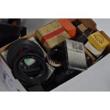 A large collection of vintage camera accessories to include a boxed Bush & Meissner 2.5x Zoom